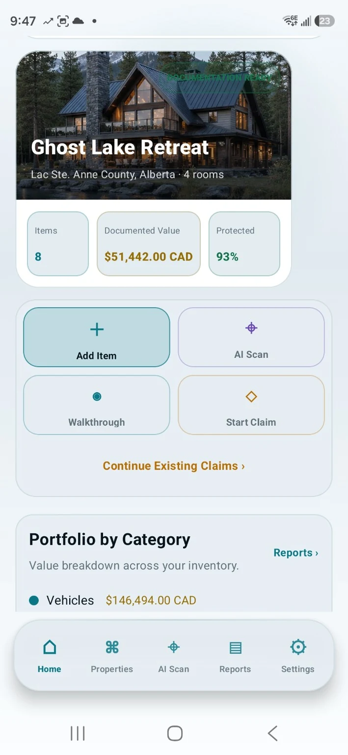 Ghost Inventory home dashboard in light mode showing property value, protection readiness and quick actions