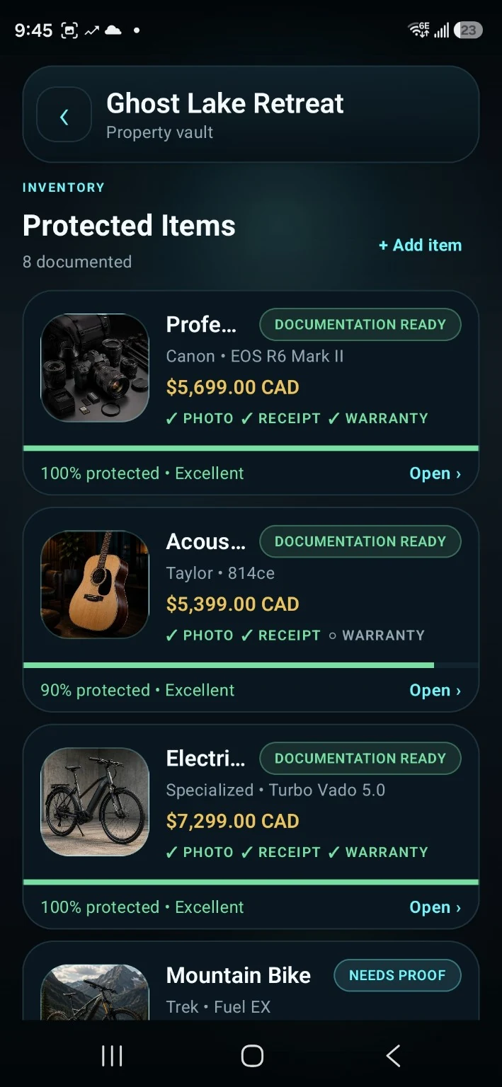 Ghost Inventory protected items list showing item photos, recorded values and documentation readiness